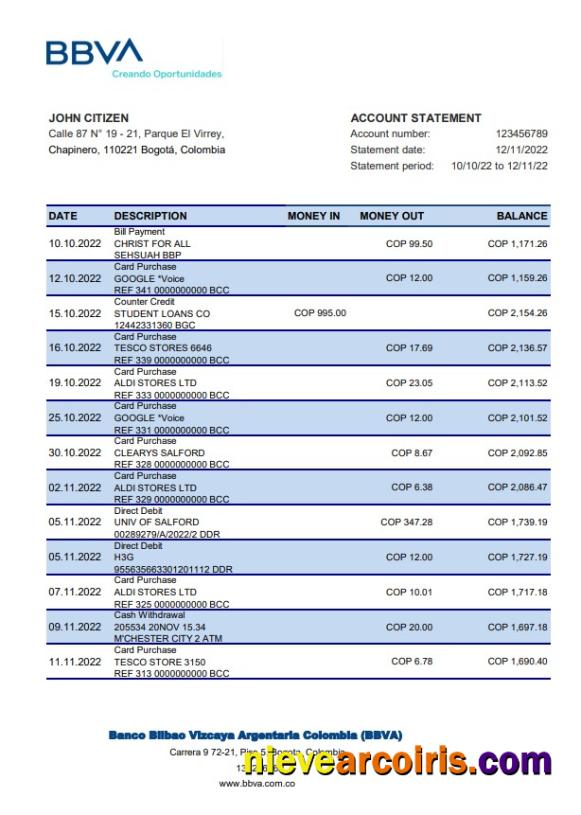 Colombia BBVA bank staement xls